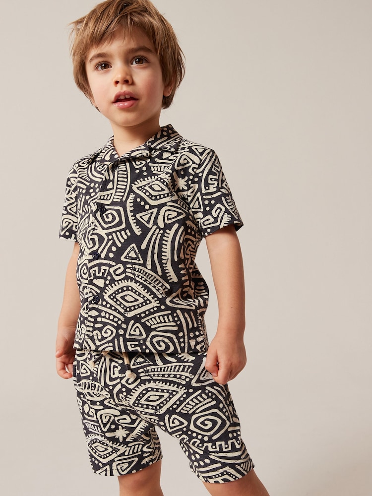 Black/White Short Sleeve Pattern Shirt and Shorts Set (3mths-7yrs) - Image 1 of 7