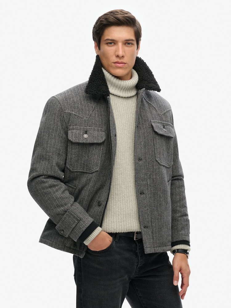 Superdry Charcoal Herringbone Merchant Wool Chore Jacket - Image 1 of 7