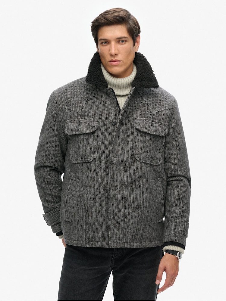 Superdry Charcoal Herringbone Merchant Wool Chore Jacket - Image 2 of 7