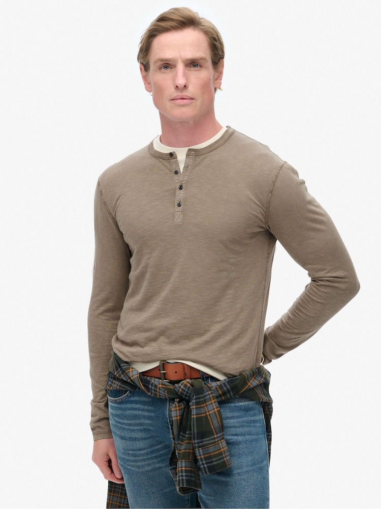 Superdry Brown 100% Cotton Slub Long Sleeve Jersey Grandad Top - Image 2 of 6
