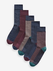 Neutral/Navy Pattern Smart Socks 5 Pack - Image 1 of 6