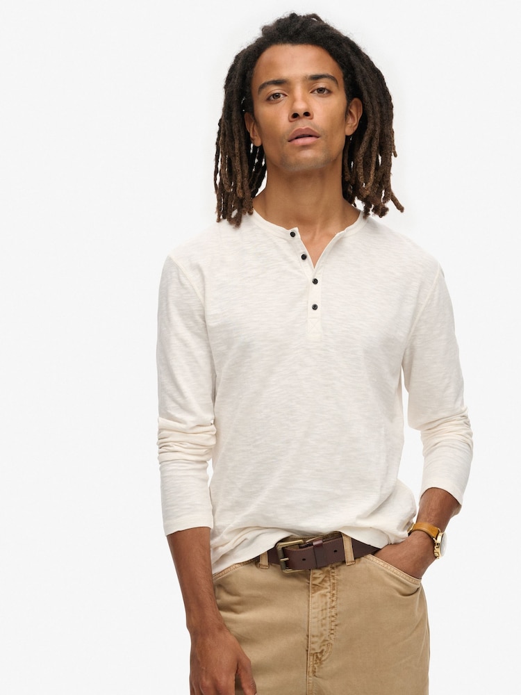 Superdry White 100% Cotton Slub Long Sleeve Jersey Grandad Top - Image 1 of 6