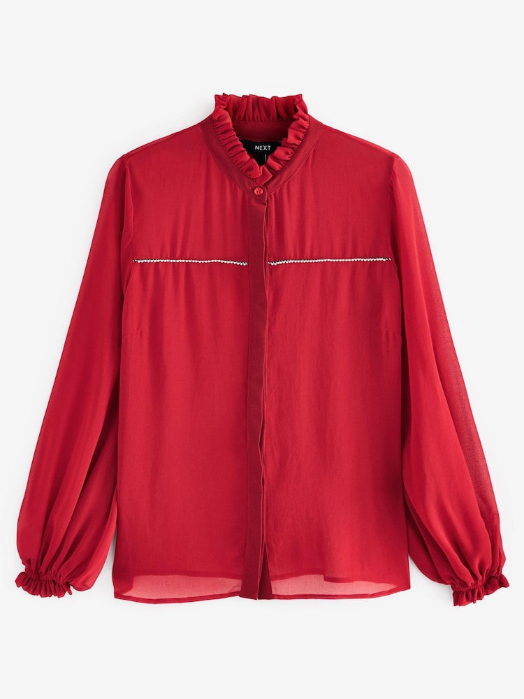 Rot - Bluse mit Rüschenkragen und Perlenbesatz - Bild 2 von 3 Rot - Bluse mit Rüschenkragen und Perlenbesatz - Bild 2 von 3