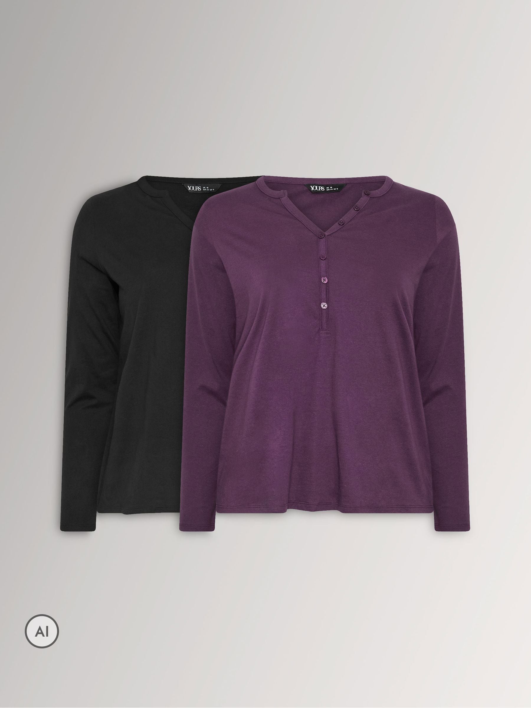Yours Curve Women's Purple Henley Cotton T-Shirts 2 Pack - Image 1