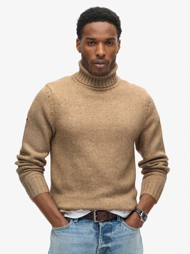 Superdry Humus Beige Brushed Roll Neck Jumper - Image 1 of 4 Superdry Humus Beige Brushed Roll Neck Jumper - Image 1 of 4
