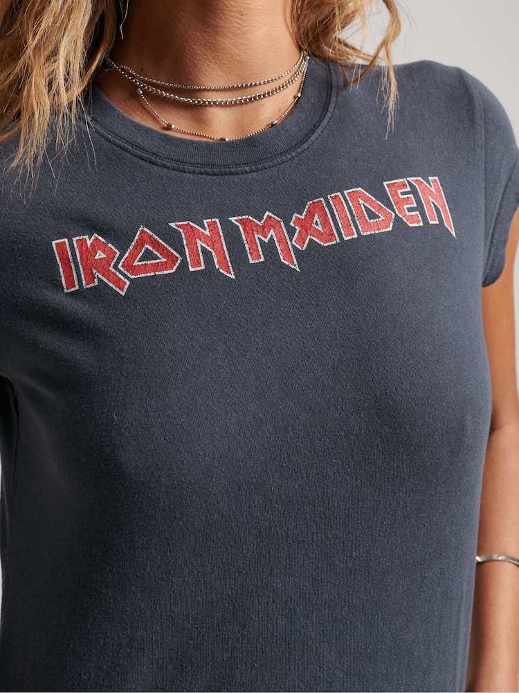 Superdry Grey 100% Cotton Iron Maiden Cap Band T-Shirt - Image 5 of 5