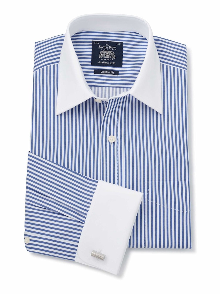 Savile Row Company Classic Fit Blue Savile Row Co Stripe Double Cuff 100% Cotton Shirt - Image 1 of 5