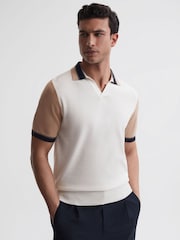Reiss Ecru/Camel Kingsford Open Collar Striped Polo Shirt - Image 1 of 6