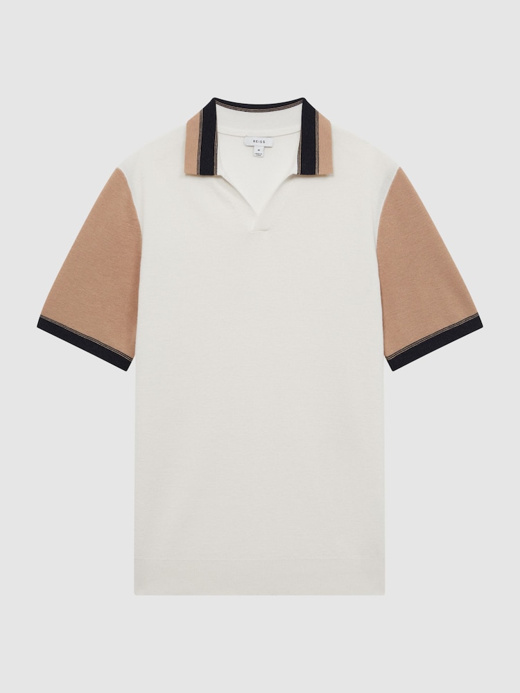 Reiss Ecru/Camel Kingsford Open Collar Striped Polo Shirt - Image 2 of 6
