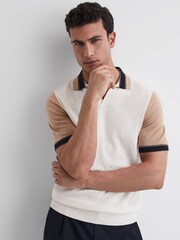 Reiss Ecru/Camel Kingsford Open Collar Striped Polo Shirt - Image 6 of 6