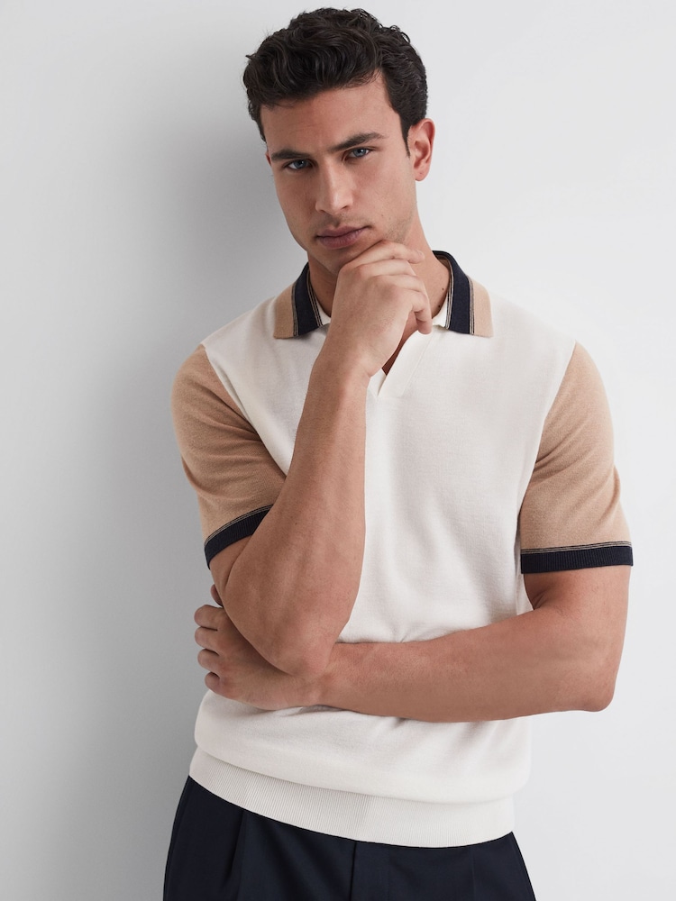 Reiss Ecru/Camel Kingsford Open Collar Striped Polo Shirt - Image 6 of 6