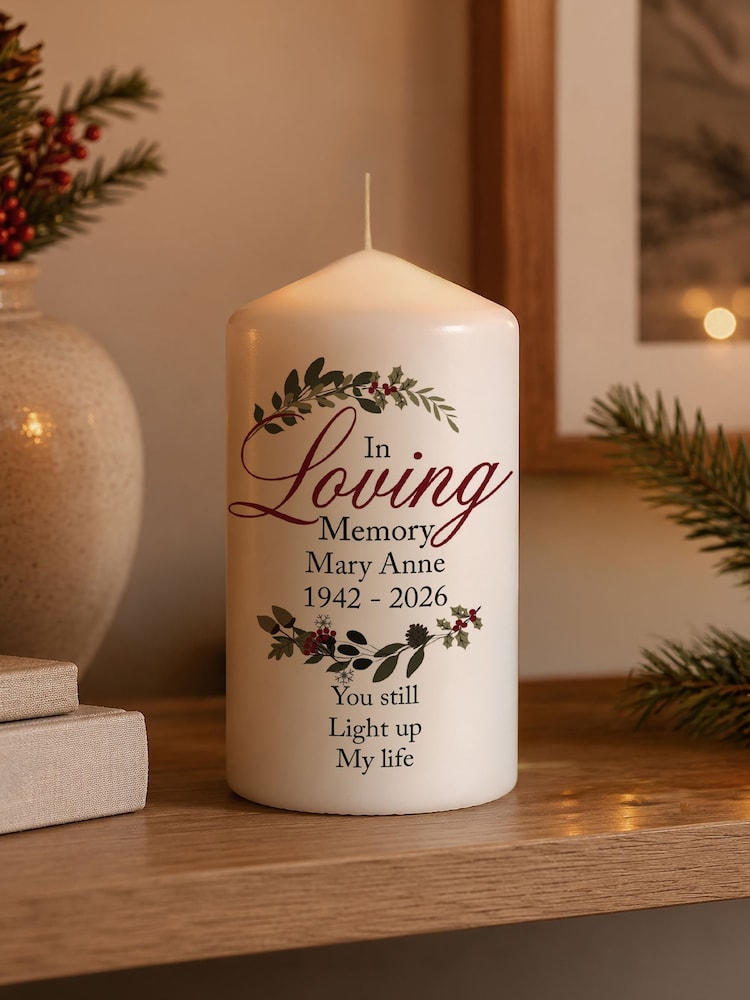 Personalised In Loving Memory Wreath Pillar Candle by PMC - Image 2 of 3 Personalised In Loving Memory Wreath Pillar Candle by PMC - Image 2 of 3