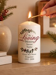 Personalised In Loving Memory Wreath Pillar Candle by PMC - Image 3 of 3