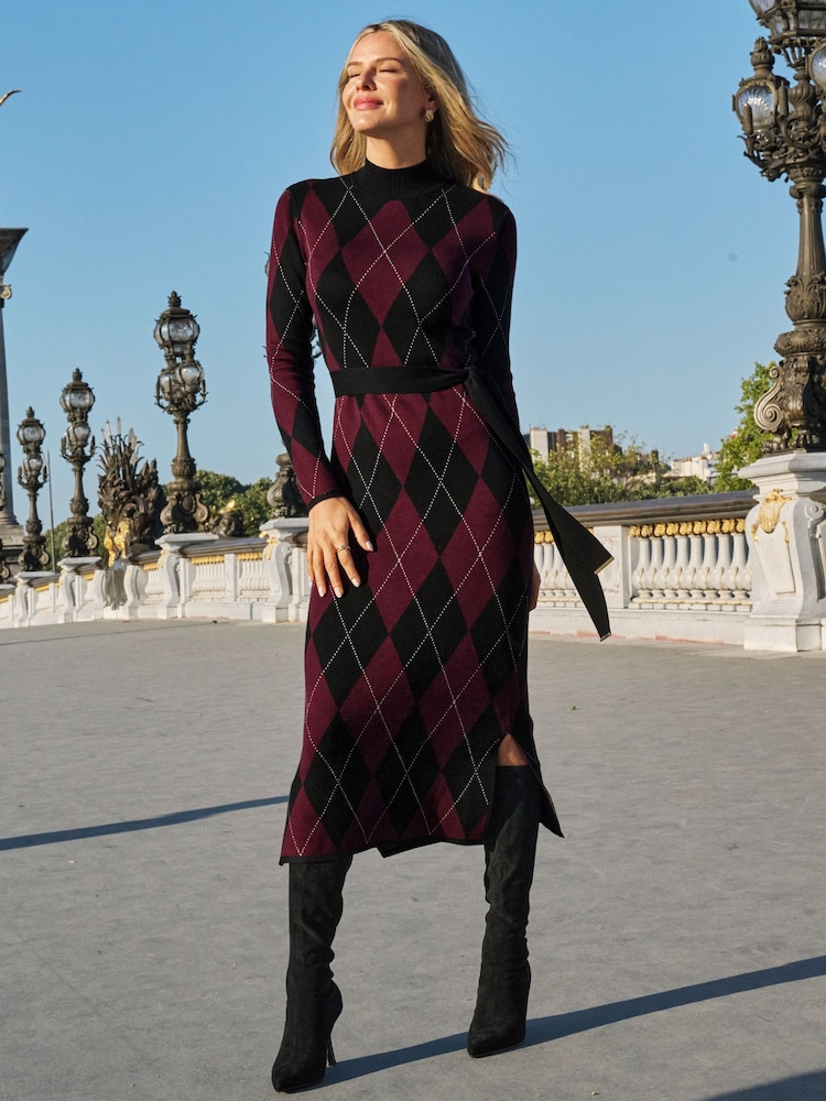 Sosandar Purple Argyle Roll Neck Knitted Dress - Image 2 of 5