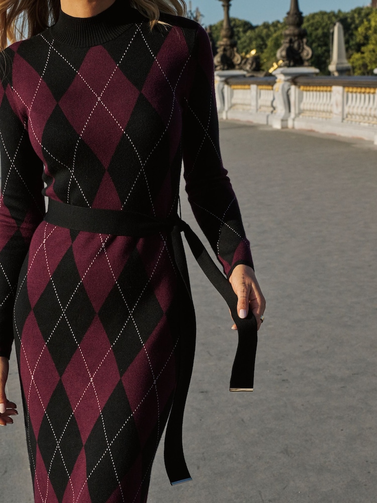 Sosandar Purple Argyle Roll Neck Knitted Dress - Image 5 of 5
