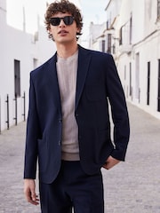 Navy Blue Relaxed Fit Seersucker Suit Jacket - Image 1 of 11