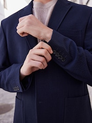 Navy Blue Relaxed Fit Seersucker Suit Jacket - Image 5 of 11