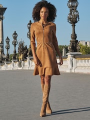 Sosandar Brown Faux Suede Zip Front Fit & Flare Dress - Image 3 of 5