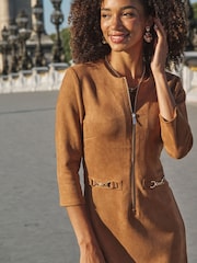 Sosandar Brown Faux Suede Zip Front Fit & Flare Dress - Image 4 of 5