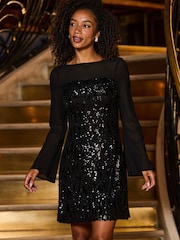 Sosandar Black Sequin Sheer Sleeve A-Line Dress - Image 2 of 5