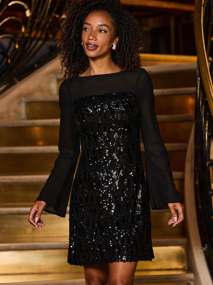 Sosandar Black Sequin Sheer Sleeve A-Line Dress - Image 2 of 5 Sosandar Black Sequin Sheer Sleeve A-Line Dress - Image 2 of 5
