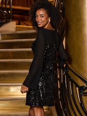 Sosandar Black Sequin Sheer Sleeve A-Line Dress - Image 3 of 5