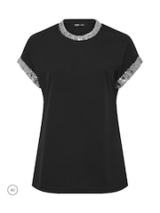 Yours Curve Black Sequin Trim T-Shirt - Image 5 of 6