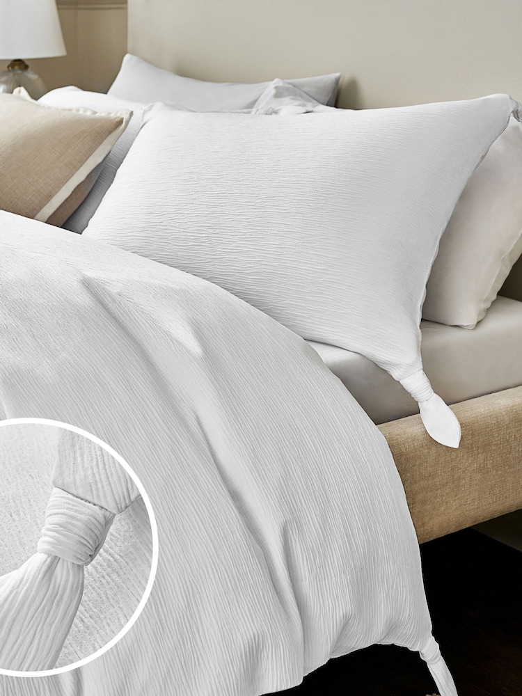 White Plissé Textured with Corner Ties Duvet Cover and Pillowcase Set - Image 1 of 4