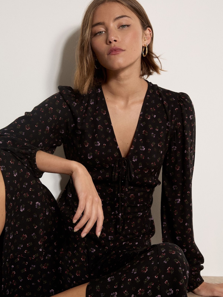Apricot Black Floral Print Midi Tea Dress - Image 1 of 4 Apricot Black Floral Print Midi Tea Dress - Image 1 of 4