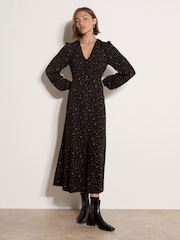 Apricot Black Floral Print Midi Tea Dress - Image 3 of 4