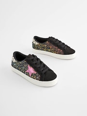 Black Glitter Standard Fit (F) Star Lace-Up Trainers - Image 1 of 5