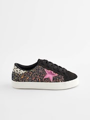 Black Glitter Standard Fit (F) Star Lace-Up Trainers - Image 2 of 5