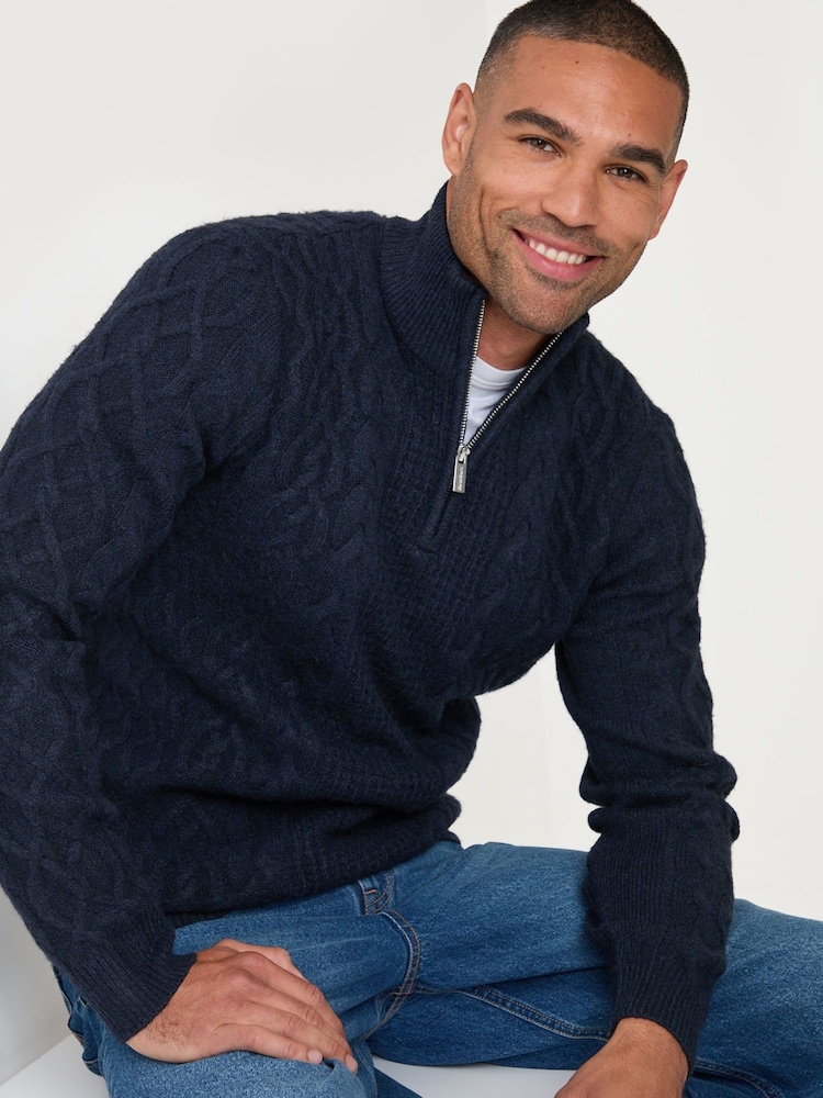 Threadbare Dark Blue Cable Knit Quarter Zip Jumper - Image 1 of 5