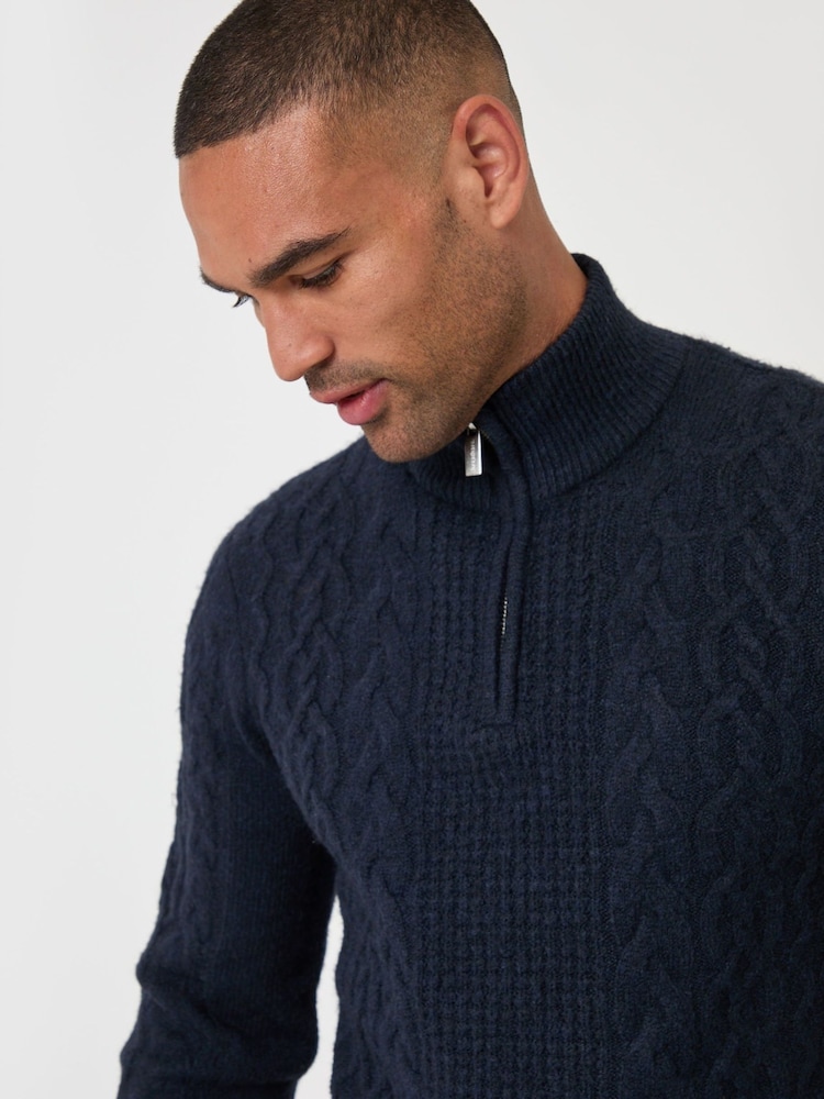 Threadbare Dark Blue Cable Knit Quarter Zip Jumper - Image 2 of 5