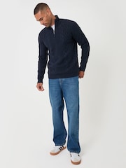Threadbare Dark Blue Cable Knit Quarter Zip Jumper - Image 4 of 5