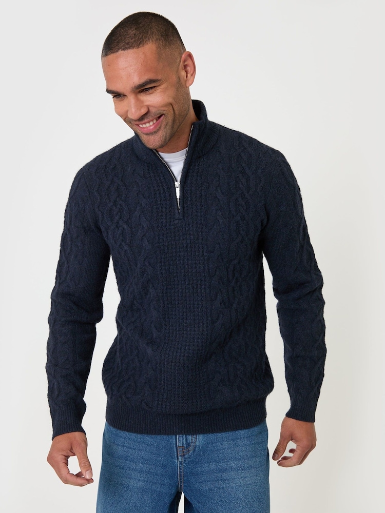 Threadbare Dark Blue Cable Knit Quarter Zip Jumper - Image 5 of 5
