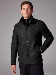 Charcoal Grey Mock Gilet Herringbone Padded Jacket with Wool - Image 1 of 13