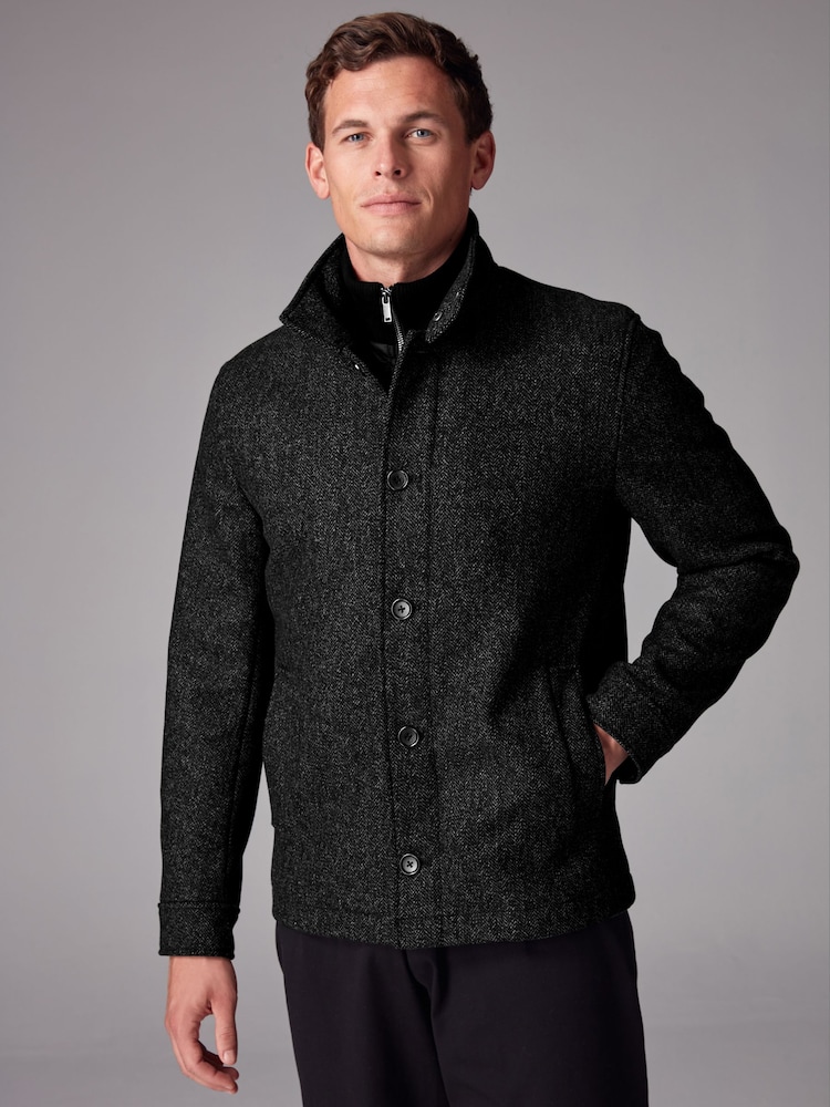 Charcoal Grey Mock Gilet Herringbone Padded Jacket with Wool - Image 1 of 13