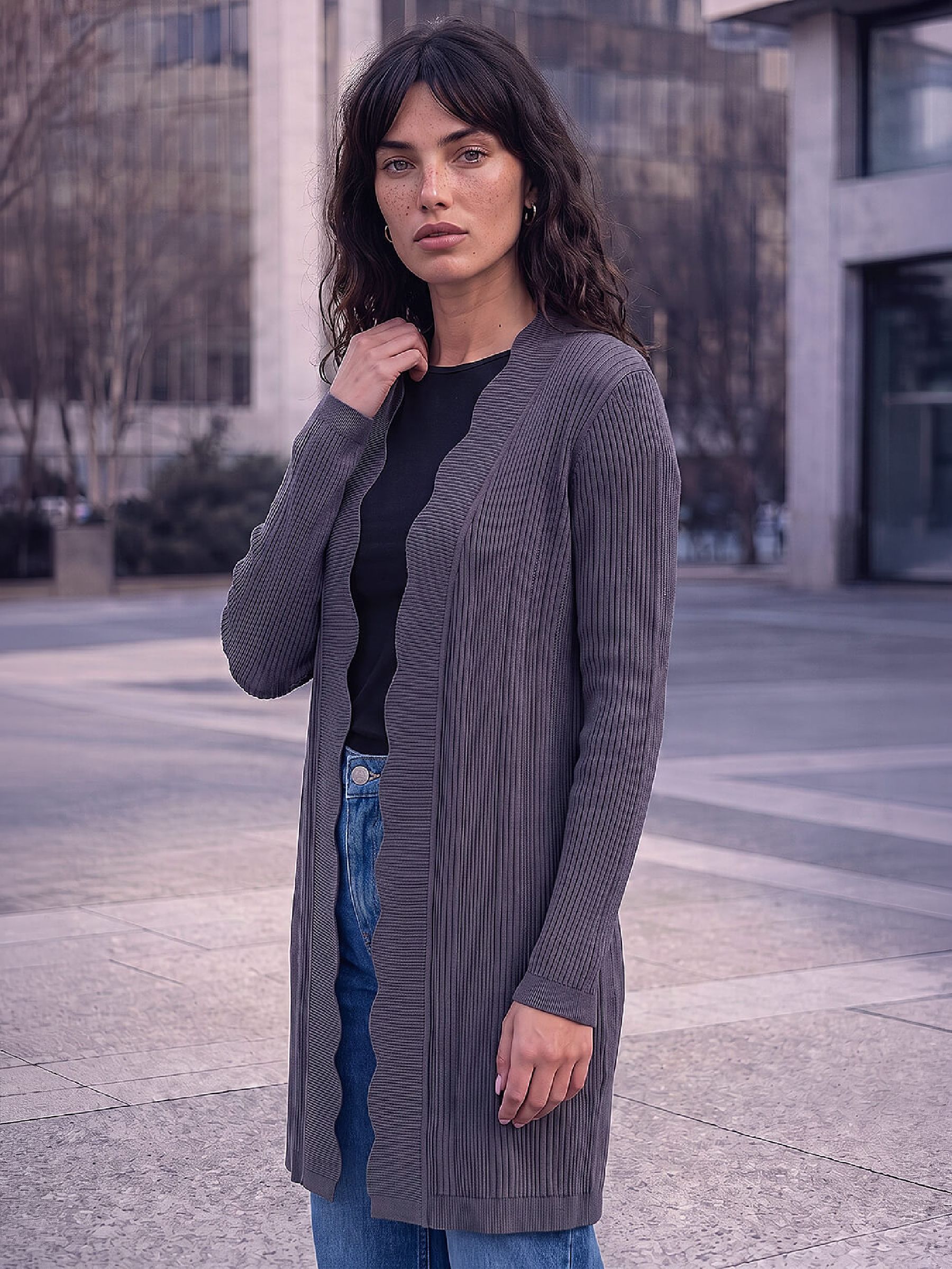 Roman Dark Grey Rib Knit Scallop Trim Cardigan - Image 3