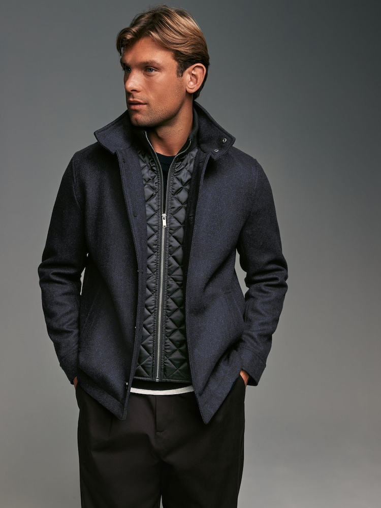 Navy Blue Mock Gilet Herringbone Padded Jacket with Wool - Image 1 of 15
