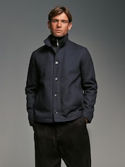 Navy Blue Mock Gilet Herringbone Padded Jacket with Wool - Image 2 of 15