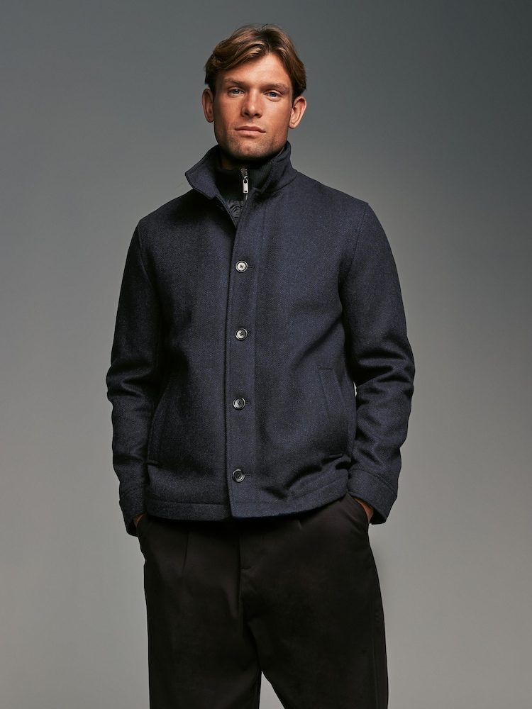 Navy Blue Mock Gilet Herringbone Padded Jacket with Wool - Image 2 of 15