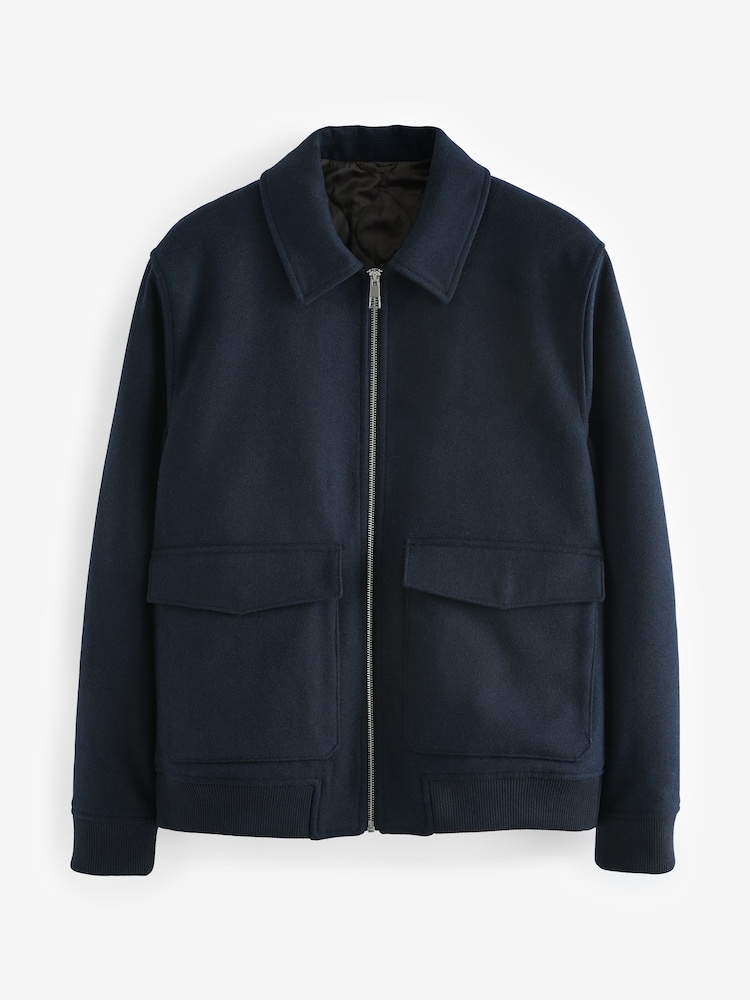 Buy Navy Blue Zip Through Padded Jacket with Wool from Next Oman