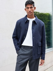 Navy Blue Button Through Wool Rich Boucle Textured Padded Jacket - Image 1 of 12