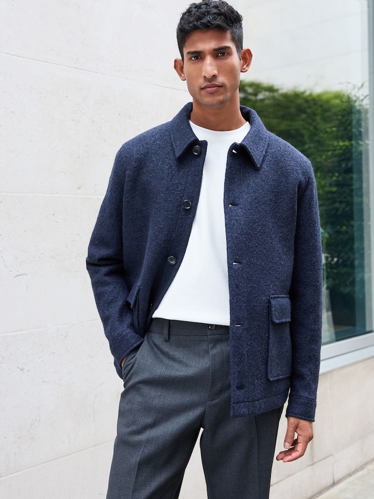 Navy Blue Button Through Wool Rich Boucle Textured Padded Jacket - Image 1 of 12