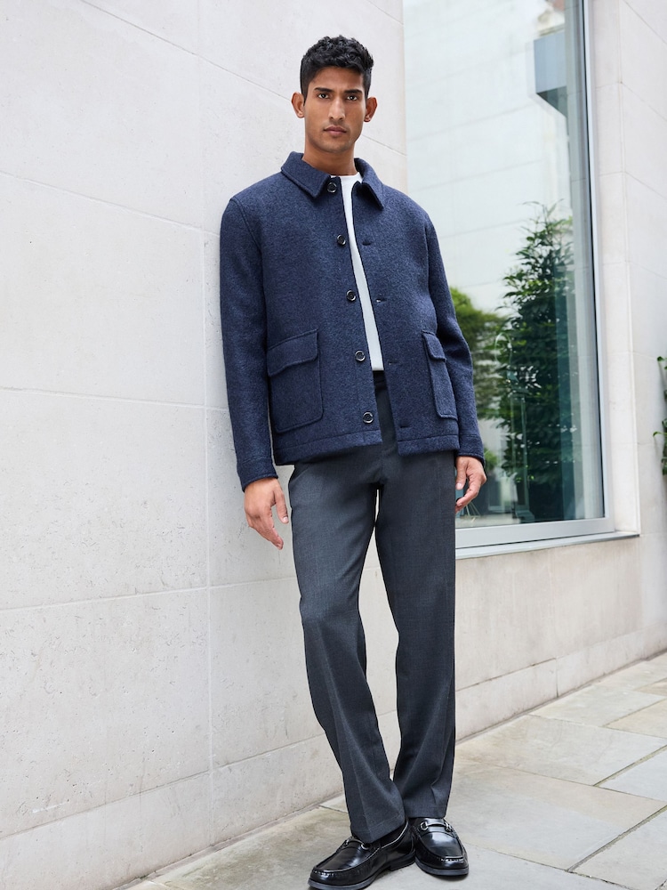 Navy Blue Button Through Wool Rich Boucle Textured Padded Jacket - Image 2 of 12