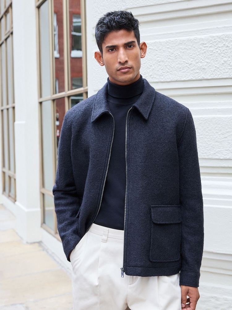 Black Zip Wool Rich Boucle Textured Padded Jacket - Image 1 of 12