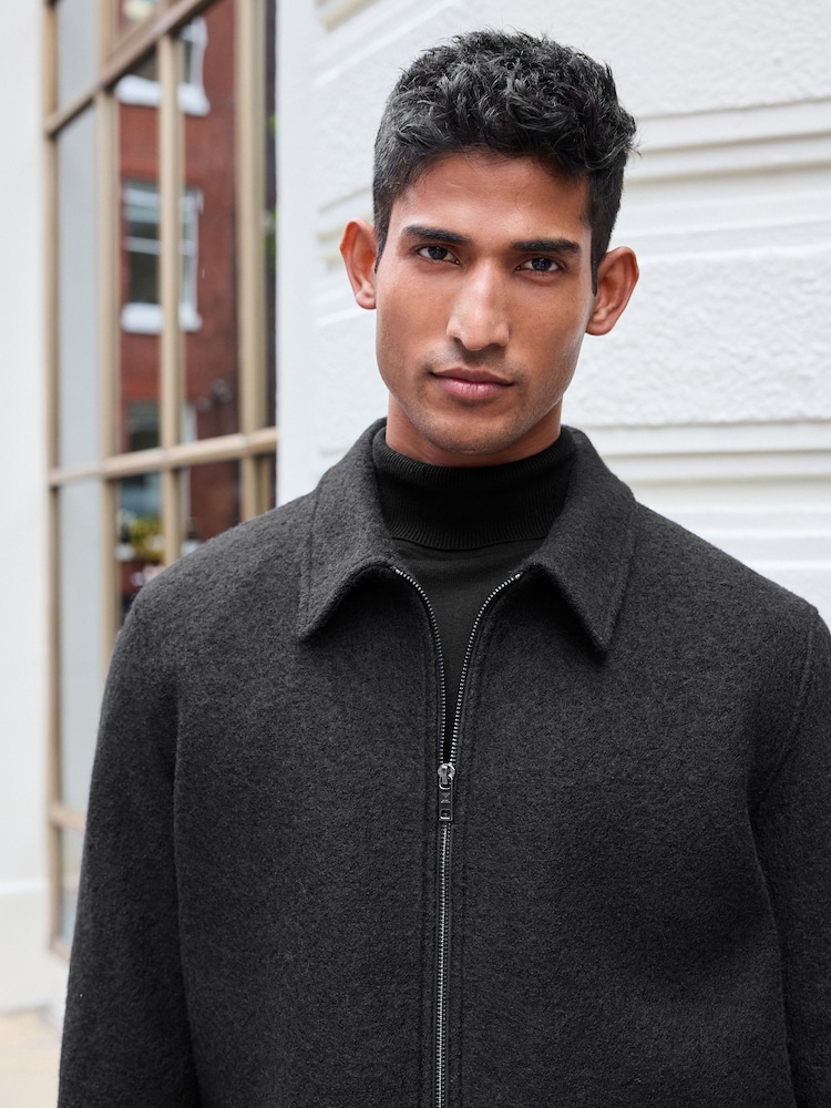 Black Zip Wool Rich Boucle Textured Padded Jacket - Image 12 of 12