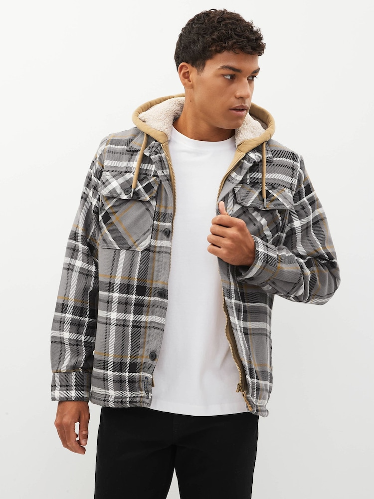 Grey Borg Lined Check Shacket with Hood - Image 1 of 9