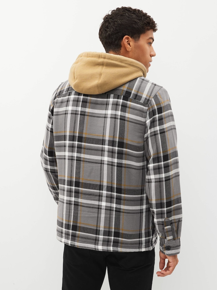 Grey Borg Lined Check Shacket with Hood - Image 2 of 9